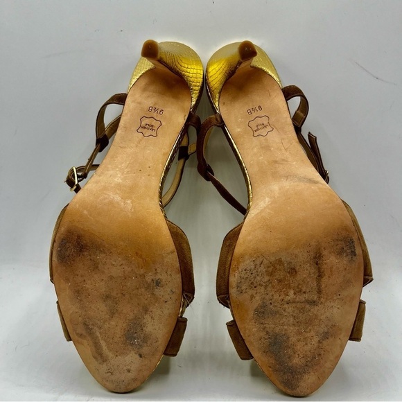 Talbots Gold Embossed Leather Tan Suede Open Toe Bow Accent Heeled Sandals 9.5B - Picture 10 of 12
